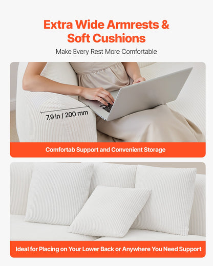 Luxury Modern Cloud Plush Sectional Sofa, 112" Curved Modular Couch with 4 Pillows - Oversized Deep Seat Corduroy Fabric for Living Room, Apartment, Office, No Assembly Needed, White