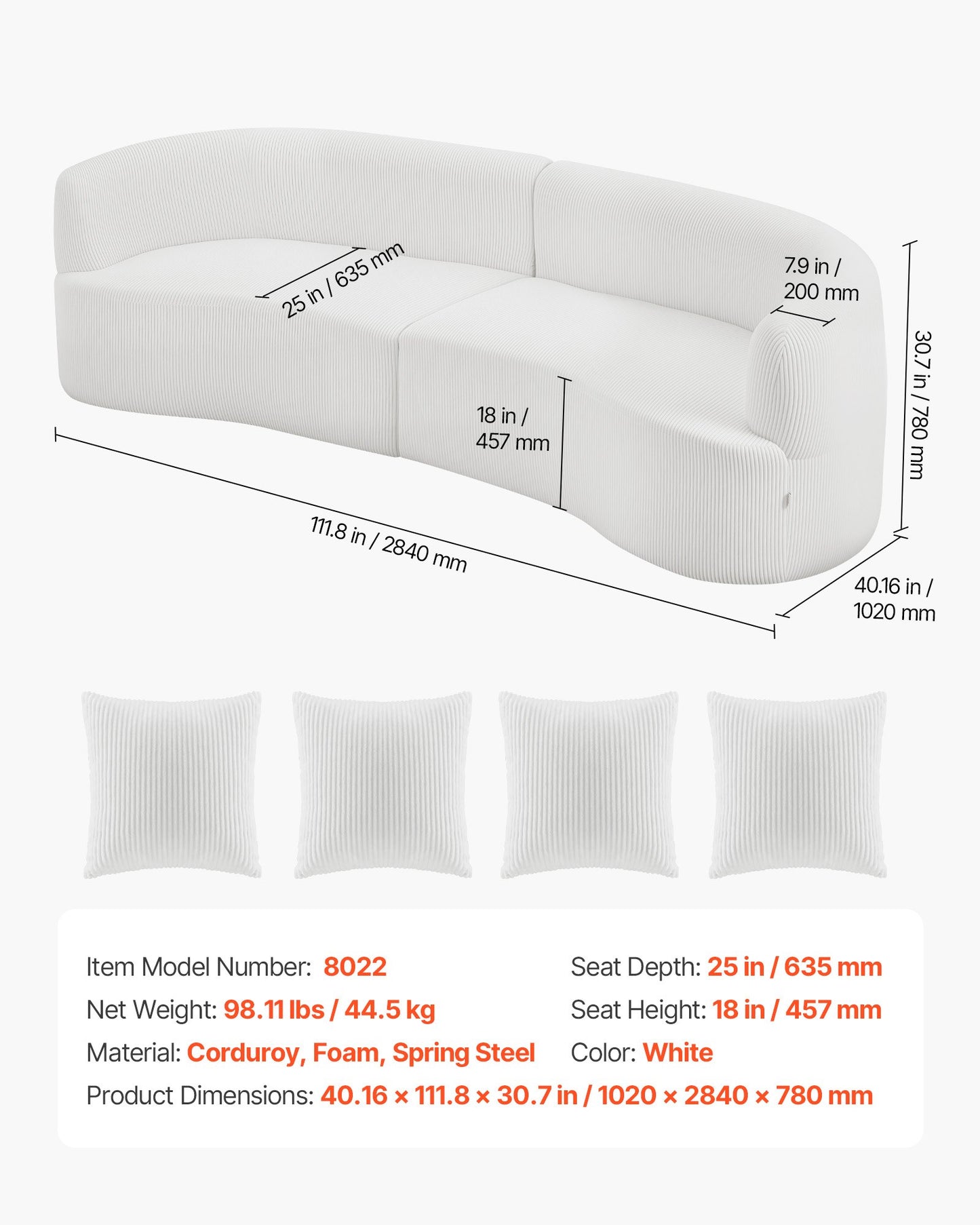 Luxury Modern Cloud Plush Sectional Sofa, 112" Curved Modular Couch with 4 Pillows - Oversized Deep Seat Corduroy Fabric for Living Room, Apartment, Office, No Assembly Needed, White