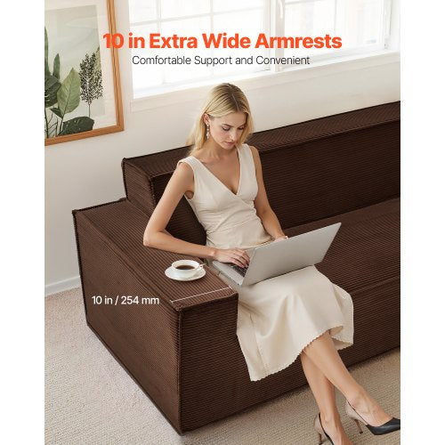 2110 mm Modern soffa, Bekväm manchestersoffa med djupa sitsar, Cloud-soffa med breda armstöd, Ingen montering krävs, Stor plyschsoffa Perfekt för vardagsrum, sovrum, lägenhet och kontor, Brun |  EU