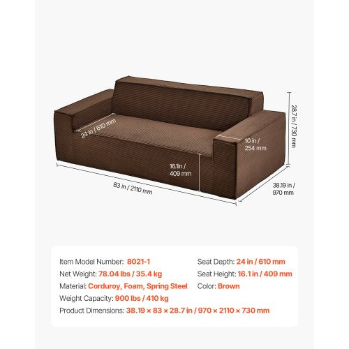 2110 mm Modern soffa, Bekväm manchestersoffa med djupa sitsar, Cloud-soffa med breda armstöd, Ingen montering krävs, Stor plyschsoffa Perfekt för vardagsrum, sovrum, lägenhet och kontor, Brun |  EU