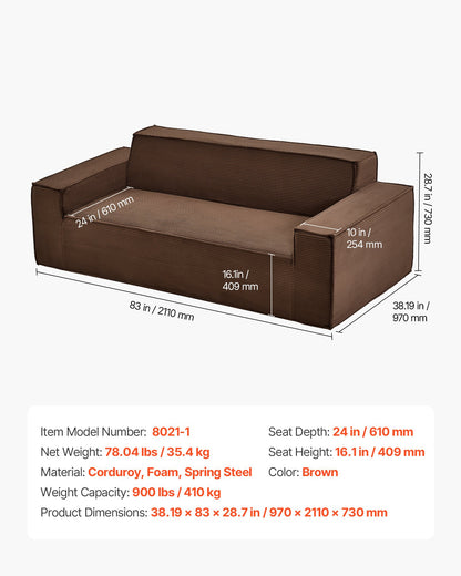 3-Seater Sofa in a Box, 83-Inch No Assembly Corduroy Couch with Memory Foam, Deep Seats for Living Room, Apartment, or Office, Brown