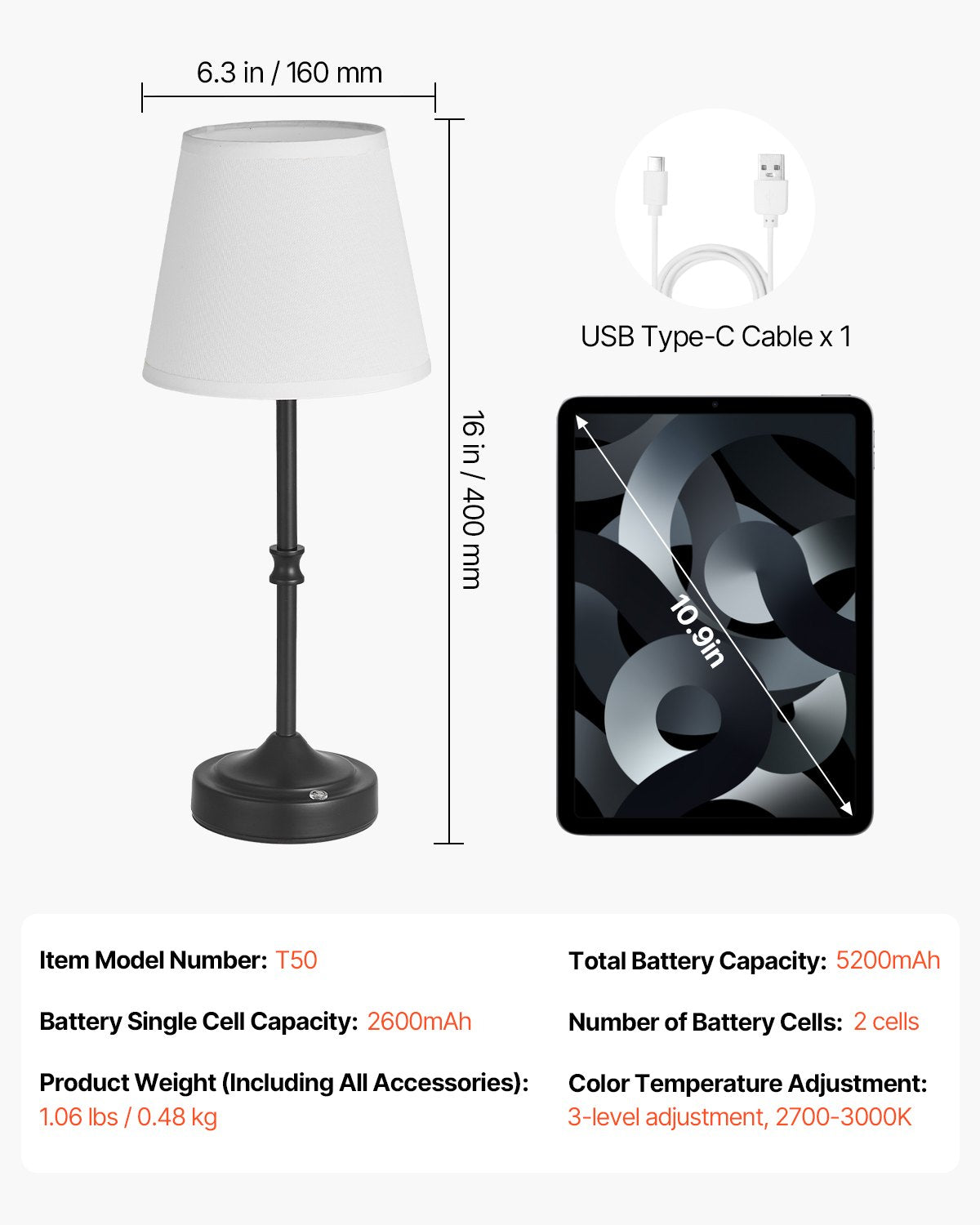 Cordless Table Lamp, 5200mAh Built-in Rechargeable Battery Desk Lamp, 3-Level Brightness, Fabric Shade, 2700-3000K Color Temperature, Table Light for Restaurant, Bedroom, Bar Counter, Black