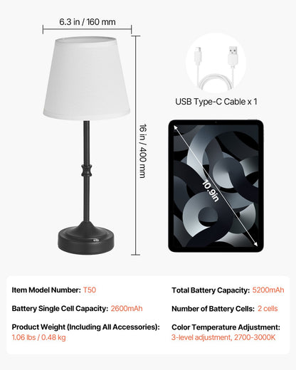 Cordless Table Lamp, 5200mAh Built-in Rechargeable Battery Desk Lamp, 3-Level Brightness, Fabric Shade, 2700-3000K Color Temperature, Table Light for Restaurant, Bedroom, Bar Counter, Black
