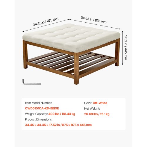 VEVOE Stort fyrkantigt ottomanskt soffbord, 87,5 cm tuftat soffbord med massivt trähylla, massivt klädd fotstöd i linne för sovrum och vardagsrum, 180 kg, benvit |  EU