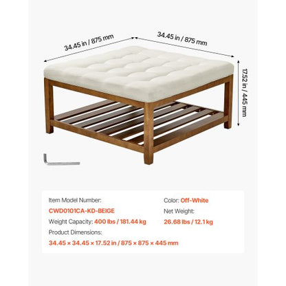 VEVOE Stort fyrkantigt ottomanskt soffbord, 87,5 cm tuftat soffbord med massivt trähylla, massivt klädd fotstöd i linne för sovrum och vardagsrum, 180 kg, benvit |  EU