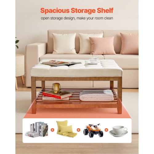 VEVOE Stort fyrkantigt ottomanskt soffbord, 87,5 cm tuftat soffbord med massivt trähylla, massivt klädd fotstöd i linne för sovrum och vardagsrum, 180 kg, benvit |  EU