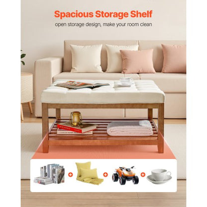 VEVOE Stort fyrkantigt ottomanskt soffbord, 87,5 cm tuftat soffbord med massivt trähylla, massivt klädd fotstöd i linne för sovrum och vardagsrum, 180 kg, benvit |  EU