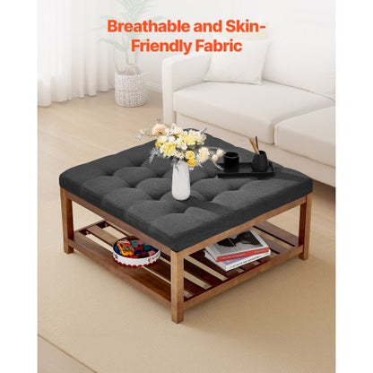 Stort fyrkantigt ottomanskt soffbord, 34,5 tums tuftat soffbord med massivt trähylla, linneklädd fotstödsottoman för sovrum vardagsrum, 400 kg, mörkgrå |  EU