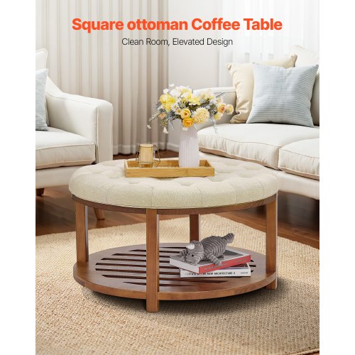 Stor rund ottomansk soffbord, 81 cm tuftat soffbord med massivt trähylla, massivt klädd fotstödsottoman i linne för sovrum vardagsrum, 147 kg, linnefärgad |  EU