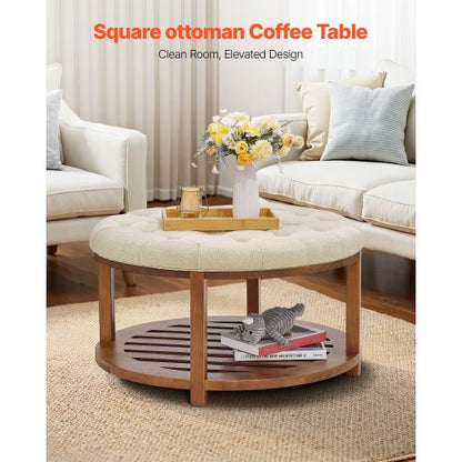 Stor rund ottomansk soffbord, 81 cm tuftat soffbord med massivt trähylla, massivt klädd fotstödsottoman i linne för sovrum vardagsrum, 147 kg, linnefärgad |  EU