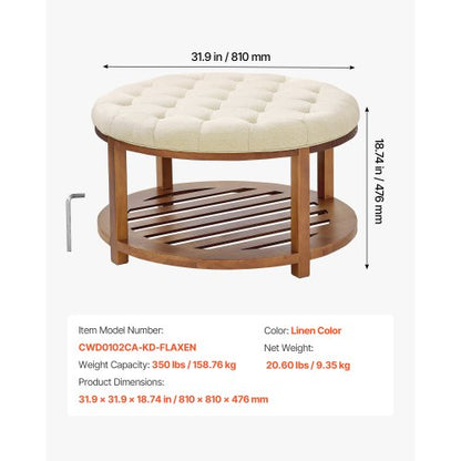 Stor rund ottomansk soffbord, 81 cm tuftat soffbord med massivt trähylla, massivt klädd fotstödsottoman i linne för sovrum vardagsrum, 147 kg, linnefärgad |  EU