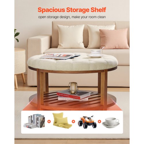 Stor rund ottomansk soffbord, 81 cm tuftat soffbord med massivt trähylla, massivt klädd fotstödsottoman i linne för sovrum vardagsrum, 147 kg, linnefärgad |  EU