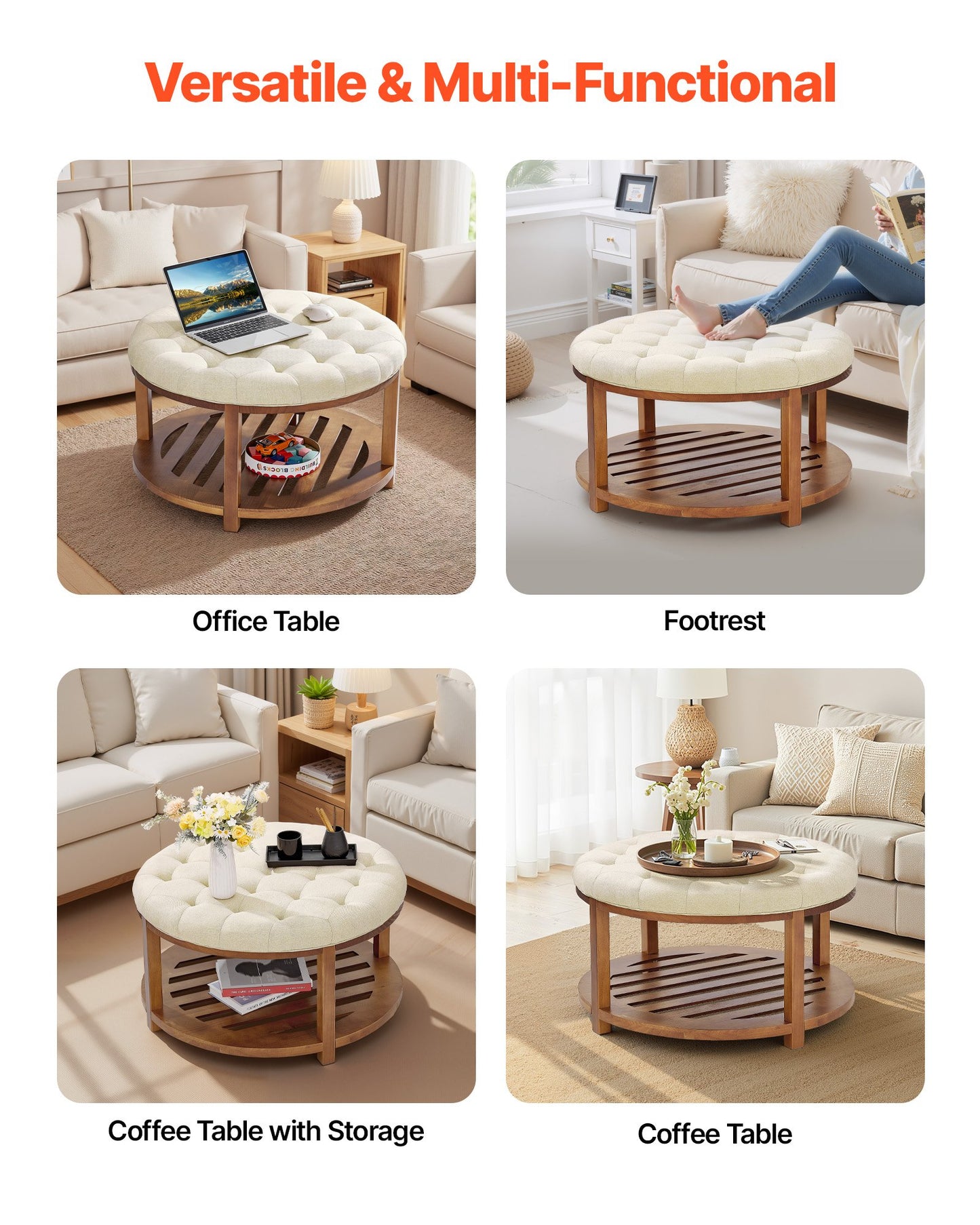 Large Round Ottoman Coffee Table, 31.9 Inch Tufted Coffee Table with Solid Wood Shelf Storage, Linen Solid Upholstered Footrest Ottoman for Bedroom Living Room, 350 LBS, Linen Color
