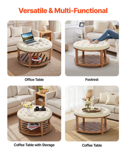 Large Round Ottoman Coffee Table, 31.9 Inch Tufted Coffee Table with Solid Wood Shelf Storage, Linen Solid Upholstered Footrest Ottoman for Bedroom Living Room, 350 LBS, Linen Color