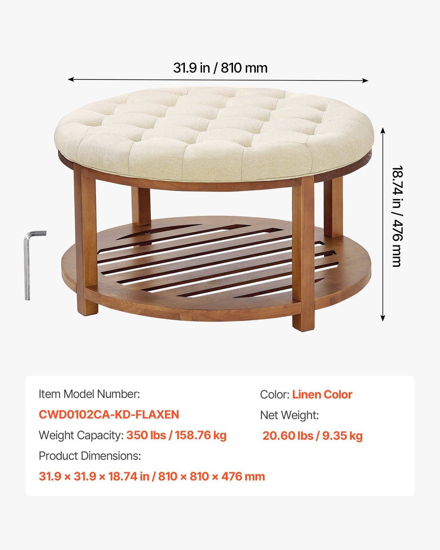 Large Round Ottoman Coffee Table, 31.9 Inch Tufted Coffee Table with Solid Wood Shelf Storage, Linen Solid Upholstered Footrest Ottoman for Bedroom Living Room, 350 LBS, Linen Color