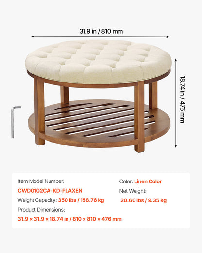Large Round Ottoman Coffee Table, 31.9 Inch Tufted Coffee Table with Solid Wood Shelf Storage, Linen Solid Upholstered Footrest Ottoman for Bedroom Living Room, 350 LBS, Linen Color