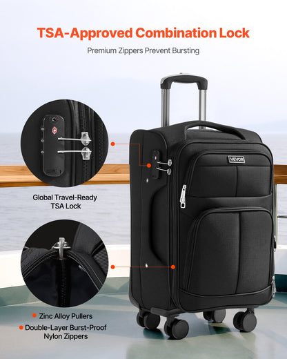 Softside Expandable Luggage with Spinner Wheels, 20-Inch Softside Carry on Luggage, Lightweight Checked Suitcase with Expandable Zippered Pocket and TSA Lock, Black