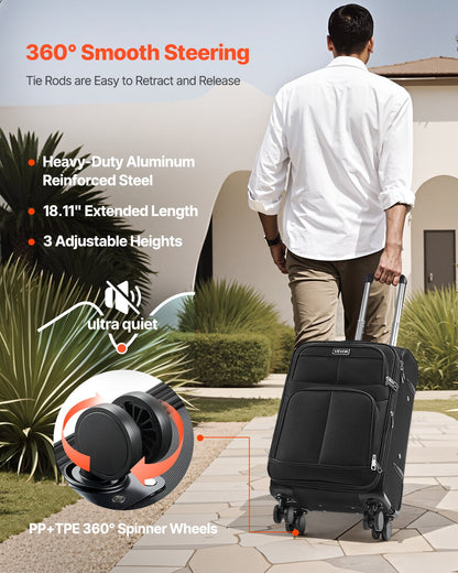 Softside Expandable Luggage with Spinner Wheels, 20-Inch Softside Carry on Luggage, Lightweight Checked Suitcase with Expandable Zippered Pocket and TSA Lock, Black