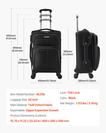 Softside Expandable Luggage with Spinner Wheels, 20-Inch Softside Carry on Luggage, Lightweight Checked Suitcase with Expandable Zippered Pocket and TSA Lock, Black