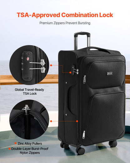 Softside Expandable Luggage with Spinner Wheels, 28-Inch Softside Checked Large Luggage, Lightweight Checked Suitcase with Expandable Zippered Pocket and TSA Lock, Black