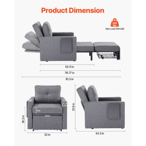 Bäddsoffa med sidoficka, kudde, skrivbordsbräda, 5 justerbara ryggstöd |  EU