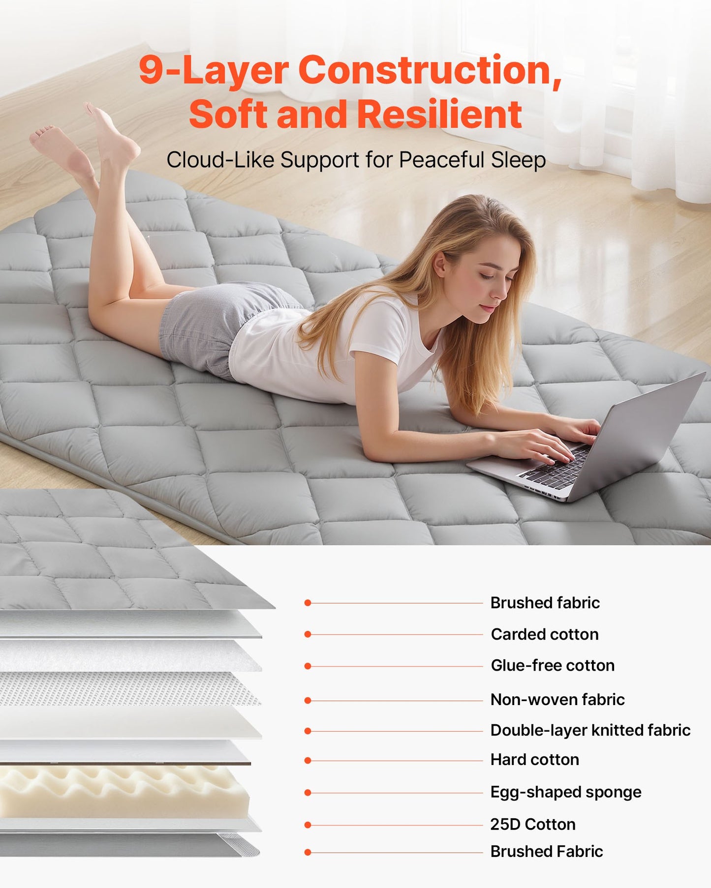 Japanese Tatami Mat, Twin Size Foldable Japanese Tatami Mattress, Futon Mattress with Storage Bag & Fastener, 9-Layer Floor Mat for Sleeping, Dormitory, Meditation, Yoga, 80 x 39 x 3.5 in, Gray