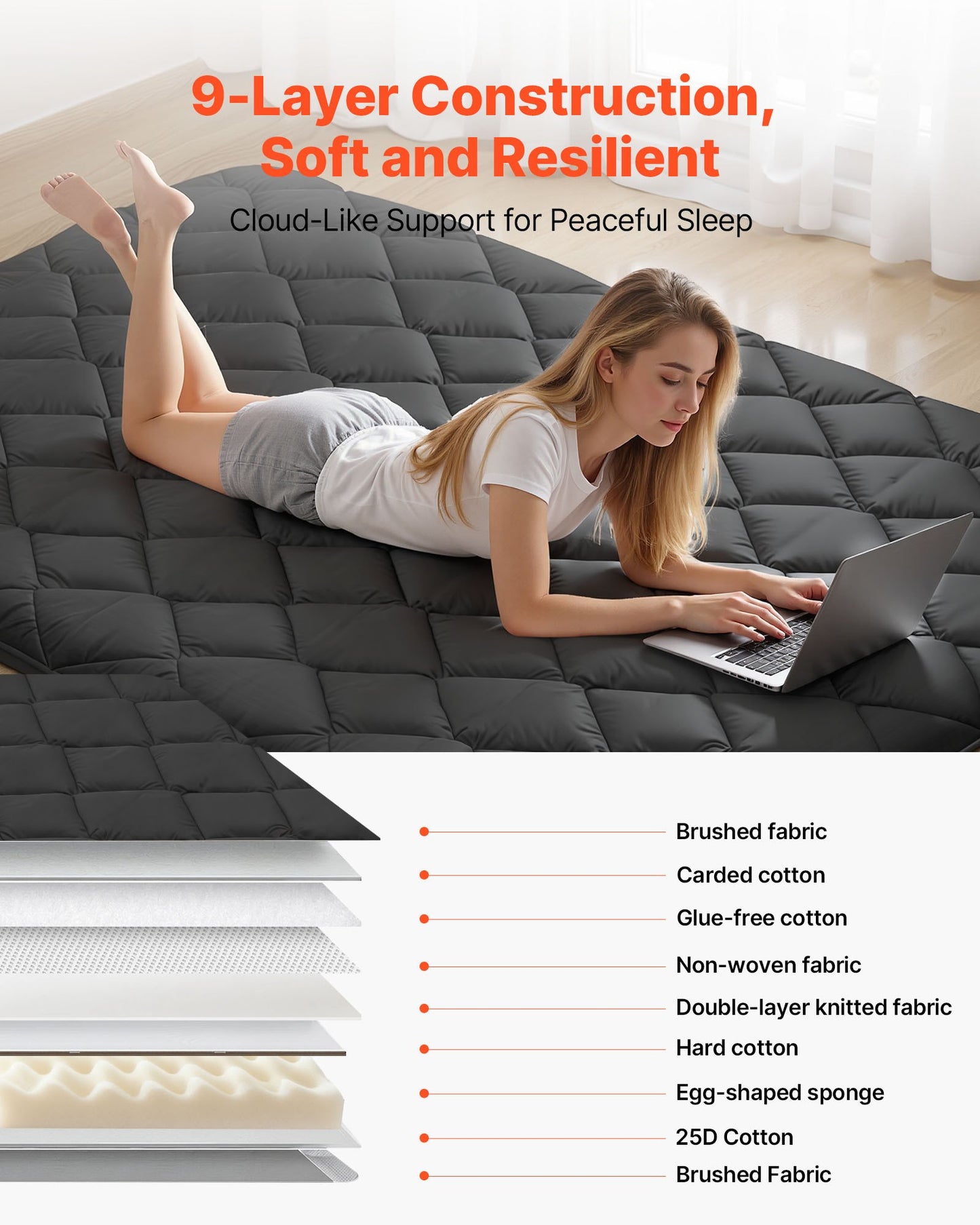 Japanese Tatami Mat, Full Size Foldable Japanese Tatami Mattress, Futon Mattress with Storage Bag & Fastener, 9-Layer Floor Mat for Sleeping, Dormitory, Meditation, Yoga, 80 x 54 x 3.5 in, Black