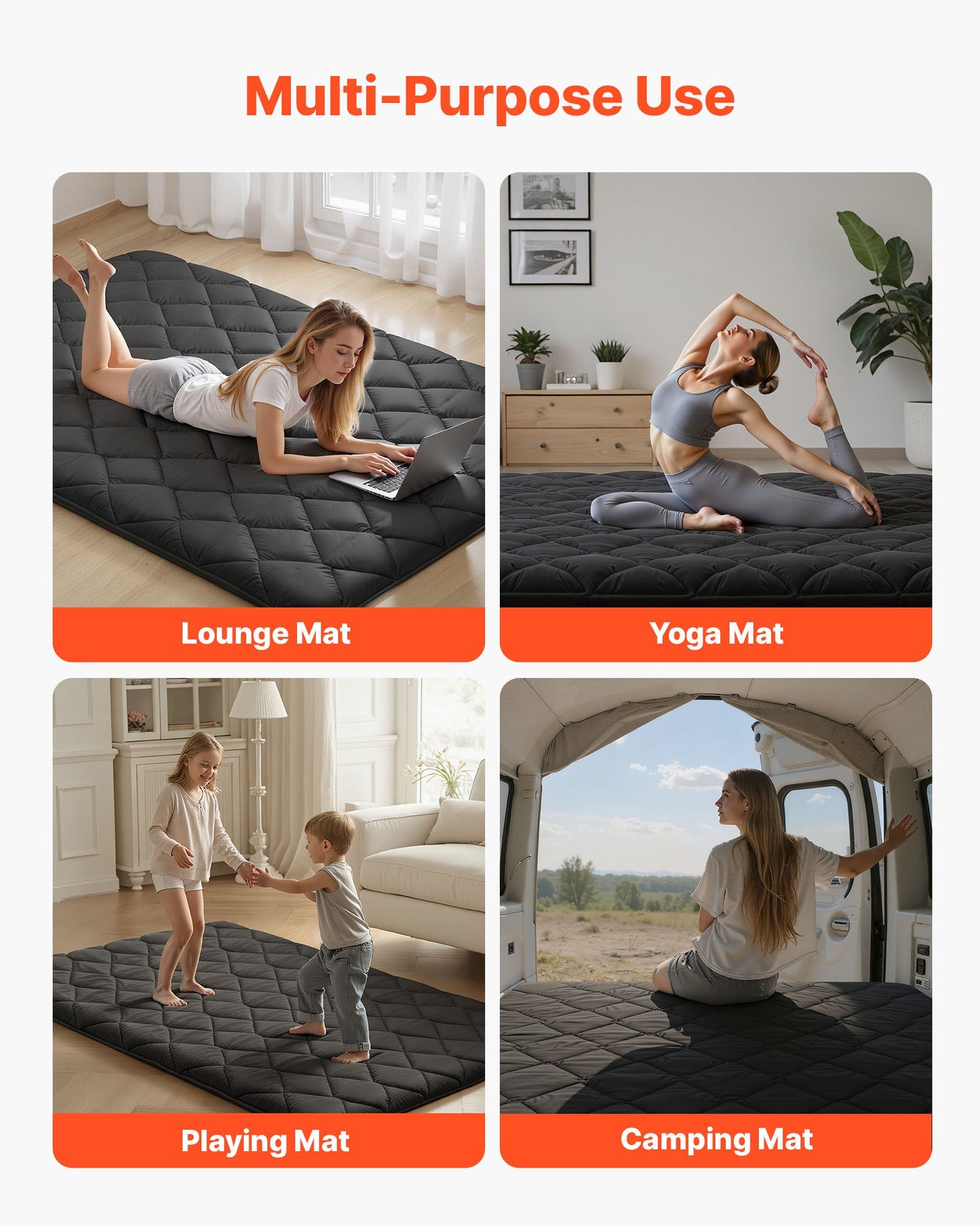 Japanese Tatami Mat, Full Size Foldable Japanese Tatami Mattress, Futon Mattress with Storage Bag & Fastener, 9-Layer Floor Mat for Sleeping, Dormitory, Meditation, Yoga, 80 x 54 x 3.5 in, Black