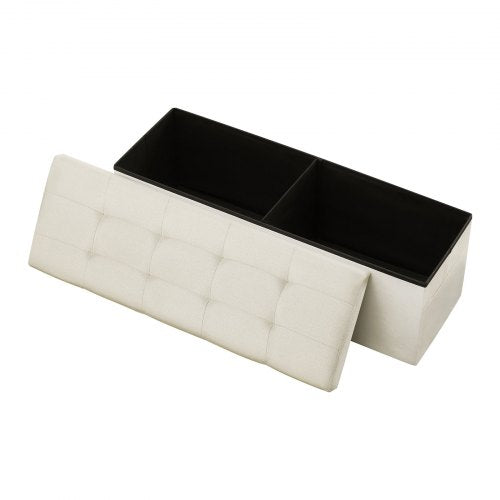 Foldable Storage Ottoman Bench, End of Bed Bench with Side Bags, Folding Upholstered Storage Chest Supports 660 lbs, Linen Bed Ottoman with Large Space for Living Room, Bedroom, Entryway, Beige