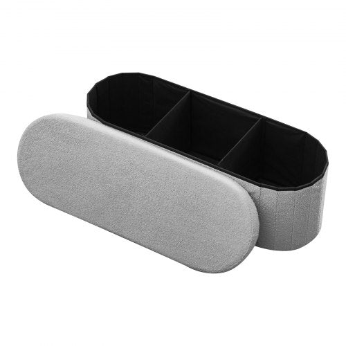Oval Storage Ottoman Bench, Foldable Teddy Fleece End of Bed Bench, Folding Upholstered Bed Ottoman Chest with Large Storage Space, Supports 660 lbs, for Living Room, Bedroom, Entryway, Grey