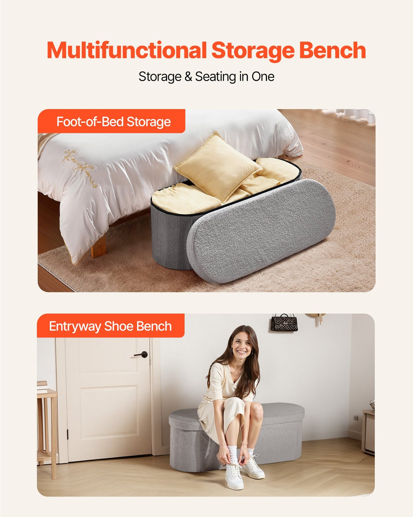 Oval Storage Ottoman Bench, Foldable Teddy Fleece End of Bed Bench, Folding Upholstered Bed Ottoman Chest with Large Storage Space, Supports 660 lbs, for Living Room, Bedroom, Entryway, Grey