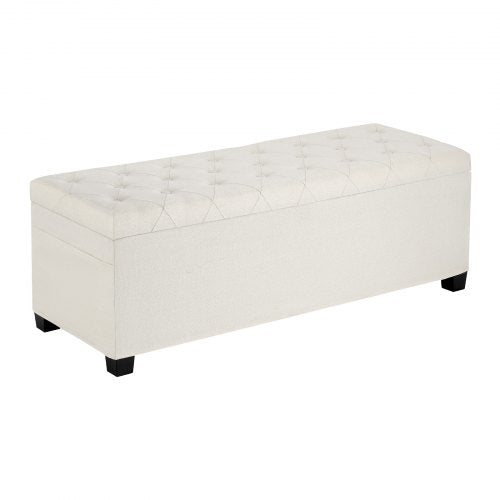 Storage Ottoman Bench, Button-Tufted End of Bed Bench with Side Bags, Flip-up Upholstered Storage Chest with Metal Frame, Linen Bed Ottoman for Living Room, Bedroom, Entryway, Office, Beige