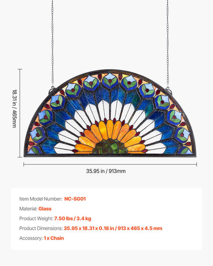 Stained Glass Window Panel, 36 x 18 in, Tiffany Style Hanging Transom Window Panel with Chain, Large Half-Round Stain Glass Hanging, Vintage Traditional Art Handcrafts for Kitchen Home Decor