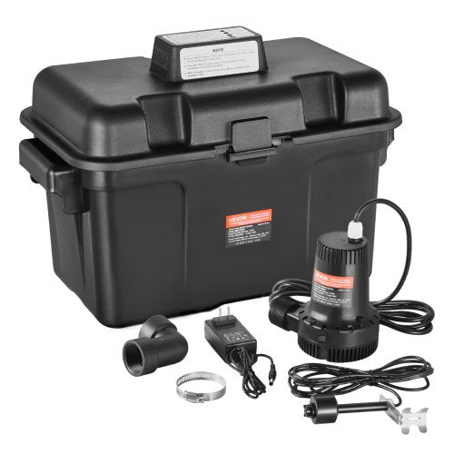 Basement Emergency Back-Up Sump Pump, 2000GPH 0.17 HP Backup Sump Pump System, with 15V Adapter, Float Switch, 24-Hour-a-Day Monitoring Controller, Alerts, and Charger, Black