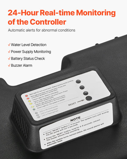 Basement Emergency Back-Up Sump Pump, 2000GPH 0.17 HP Backup Sump Pump System, with 15V Adapter, Float Switch, 24-Hour-a-Day Monitoring Controller, Alerts, and Charger, Black