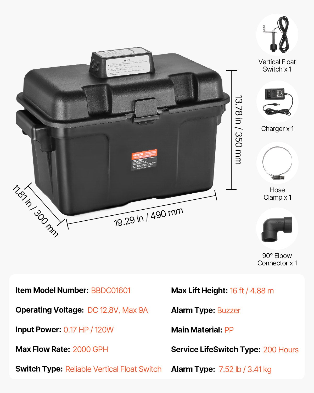 Basement Emergency Back-Up Sump Pump, 2000GPH 0.17 HP Backup Sump Pump System, with 15V Adapter, Float Switch, 24-Hour-a-Day Monitoring Controller, Alerts, and Charger, Black