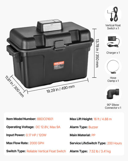 Basement Emergency Back-Up Sump Pump, 2000GPH 0.17 HP Backup Sump Pump System, with 15V Adapter, Float Switch, 24-Hour-a-Day Monitoring Controller, Alerts, and Charger, Black