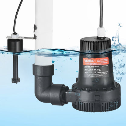 Basement Emergency Back-Up Sump Pump, 2000GPH 0.17 HP Backup Sump Pump System, with 15V Adapter, Float Switch, 24-Hour-a-Day Monitoring Controller, Alerts, and Charger, Black