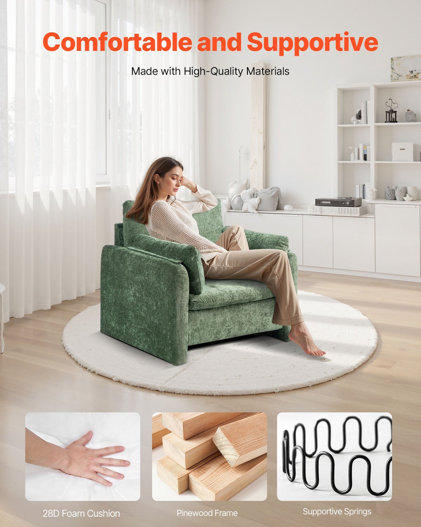 Green Accent Chair, Modern Upholstered Accent Chair with Armrests, Cloth Arm Chairs with Thick Cushion and Arched Backrest, Single Fabric Armchair for Living Room, Bedroom, Study, Office