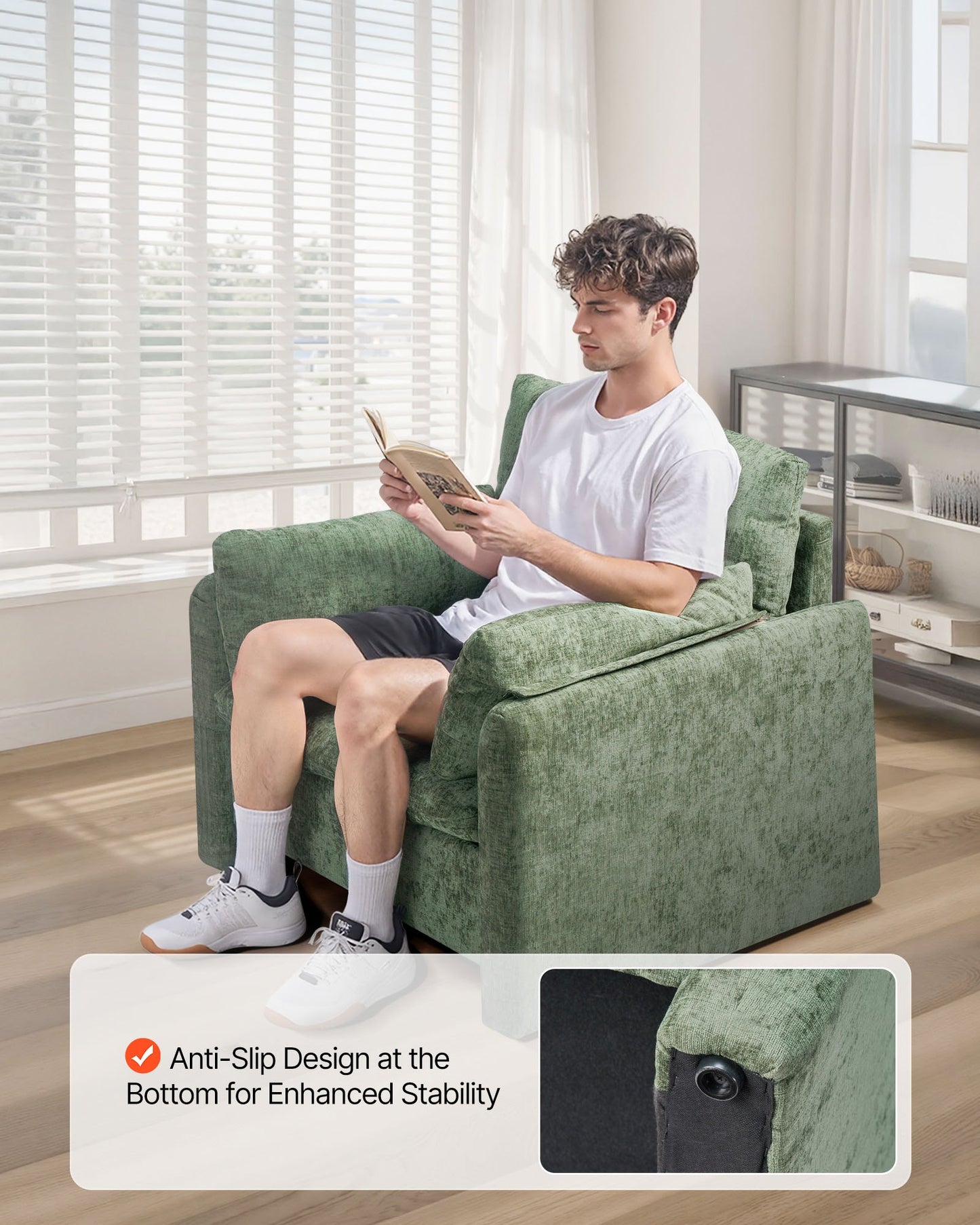 Green Accent Chair, Modern Upholstered Accent Chair with Armrests, Cloth Arm Chairs with Thick Cushion and Arched Backrest, Single Fabric Armchair for Living Room, Bedroom, Study, Office