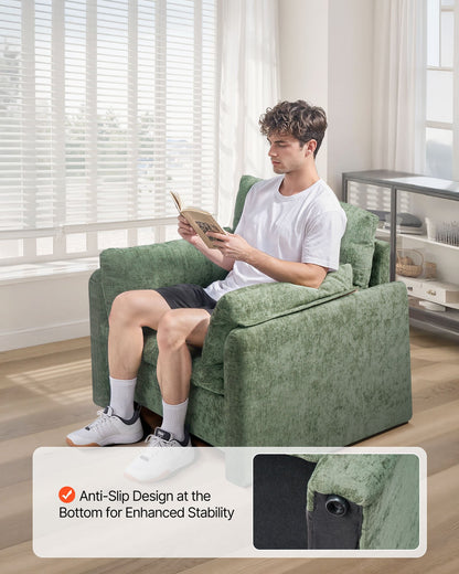 Green Accent Chair, Modern Upholstered Accent Chair with Armrests, Cloth Arm Chairs with Thick Cushion and Arched Backrest, Single Fabric Armchair for Living Room, Bedroom, Study, Office