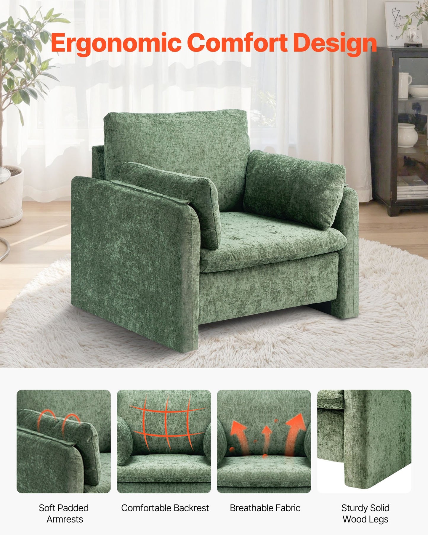 Green Accent Chair, Modern Upholstered Accent Chair with Armrests, Cloth Arm Chairs with Thick Cushion and Arched Backrest, Single Fabric Armchair for Living Room, Bedroom, Study, Office