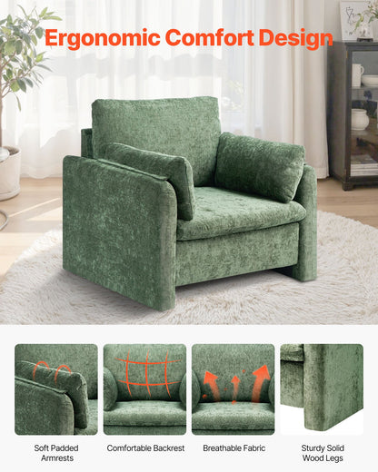 Green Accent Chair, Modern Upholstered Accent Chair with Armrests, Cloth Arm Chairs with Thick Cushion and Arched Backrest, Single Fabric Armchair for Living Room, Bedroom, Study, Office