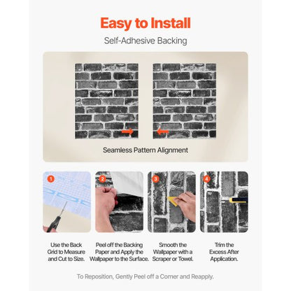 självhäftande tapet 45 cm x 10 m grå tegelsten vattentät för sovrum |  EU