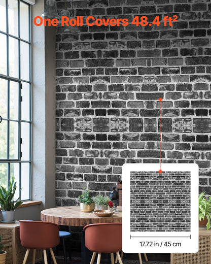 Peel and Stick Wallpaper, 17.7 x 393.7 inch Contact Paper Gray Brick Waterpoof Self Adhesive, Easy to Clean & Peel Wall Decorative Vinyl Roll for Bedroom Kitchen Bathroom Office Desk