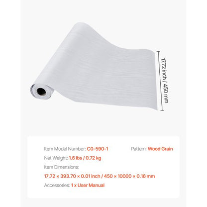 Selbstklebende Tapete 45 cm x 10 m Weiße Holzmaserung Wasserfest für Schreibtisch | EU