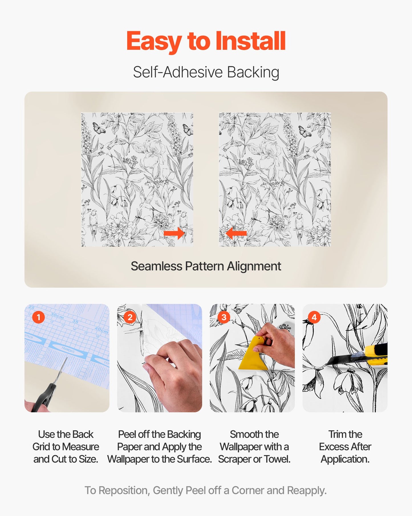 Peel and Stick Wallpaper, 17.7 x 393.7 inch Contact Paper White Line Art Botanical Floral Waterpoof Self Adhesive, Easy to Clean Wall Decorative Vinyl Roll for Bedroom Kitchen Bathroom Office
