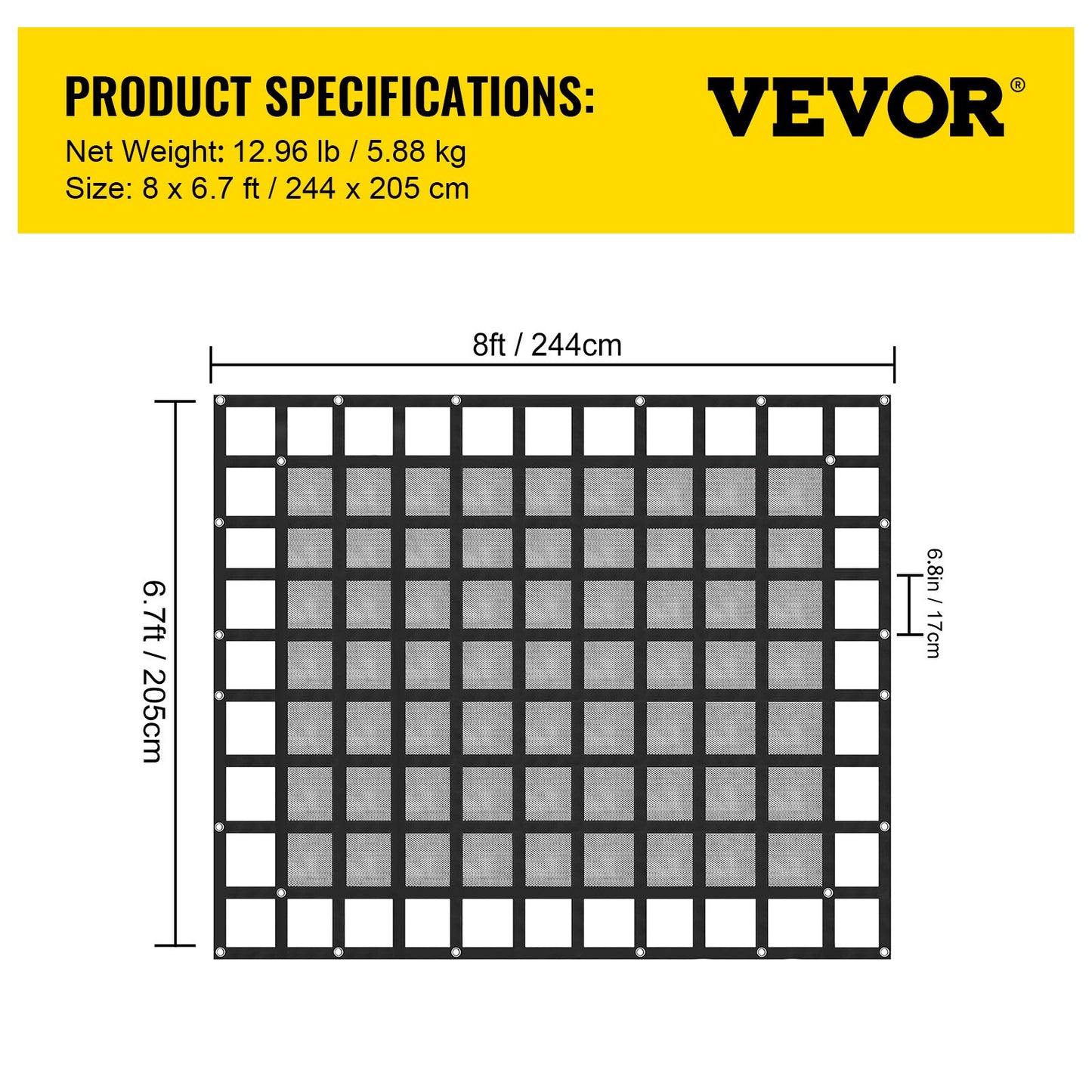 Cargo Net with Mesh, 8\' x 6.7\' Cargo Net for Pickup Truck Bed, Heavy Duty Cargo Nets with Cam Buckles & S-Hooks & Cross Strap, Truck Bed Cargo Net for Trailer SUV Jeeps(96\" x 80\")