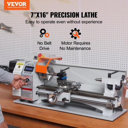 Compact Metal Lathe, 7'' x 16'', 800W, Precision Desktop Metalworking Lathe, Variable Speed 150-2500 RPM, Includes 3.9'' 3-jaw Chuck & Tool Box for Detailed Part Crafting