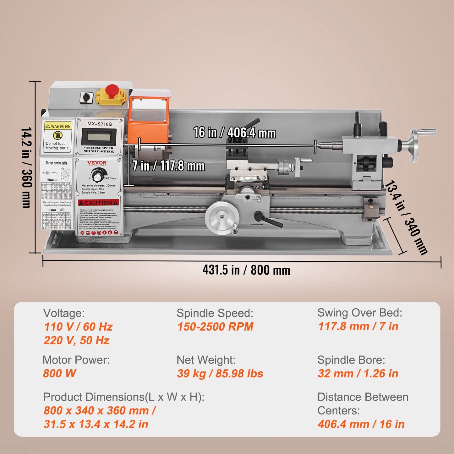 Mini Metal Lathe Machine, 7'' x 16'', 800W Precision Power Metal Lathe, 150-2500 RPM Continuously Variable Speed, with 3.9'' 3-Jaw Metal Chuck Toolbox for Machining Precision Parts